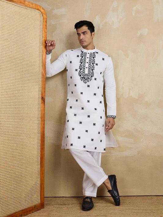 Men Solid Embroidered Kurta with Trousers