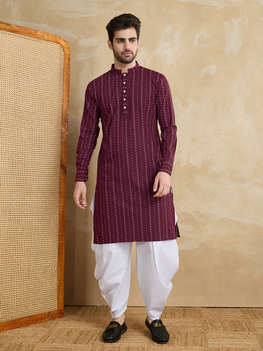 Striped Woven Design Mandarin Collar Cotton Straight Kurta