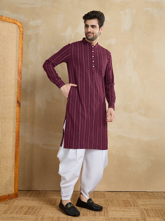 Men Woven Design Mandarin Collar Straight Kurta