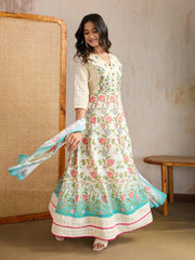 Women Floral Embroidered Thread Work Anarkali Kurta with Trousers & Dupatta