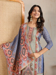 Ethnic Motifs Printed Round Neck Mirror Work Kurta With Trousers & Dupatta
