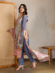 Ethnic Motifs Printed Round Neck Mirror Work Kurta With Trousers & Dupatta