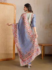 Ethnic Motifs Printed Round Neck Mirror Work Kurta With Trousers & Dupatta