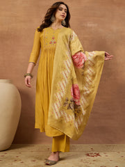 Women Floral Embroidered Empire Thread Work Chanderi Cotton Kurta with Palazzos & With