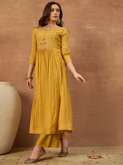 Women Floral Embroidered Empire Thread Work Chanderi Cotton Kurta with Palazzos & With