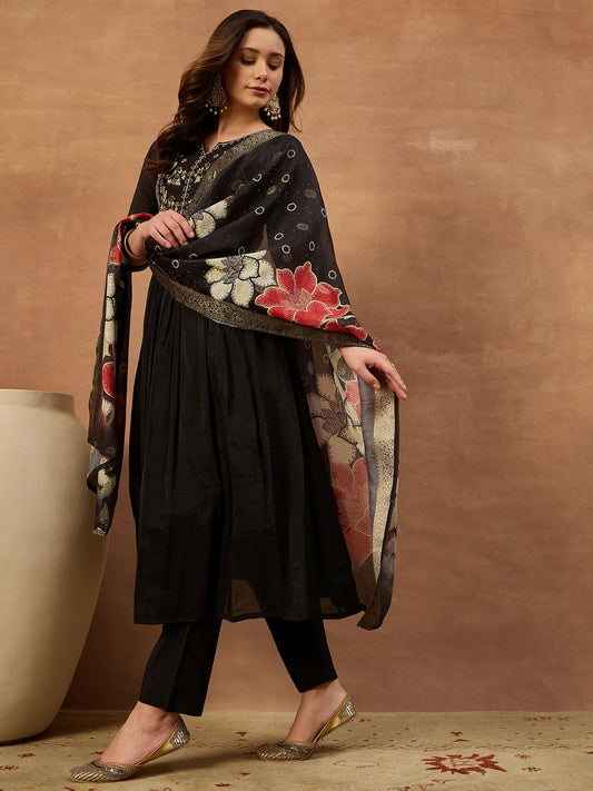 Women Floral Embroidered Empire Thread Work Chanderi Cotton Kurta with Trousers & With Dupatta
