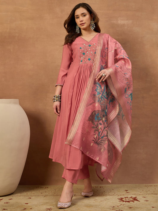 Women Floral Thread and Sequinned Embroidered Kurta & Trouser with Dupatta