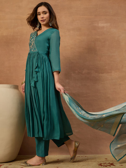 Women Ethnic Motifs Embroidered Angrakha Thread Work Chanderi Cotton Kurta with Trousers & With