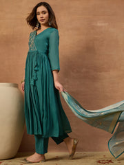 Women Ethnic Motifs Embroidered Angrakha Chanderi Cotton Kurta with Trousers & With Dupatta
