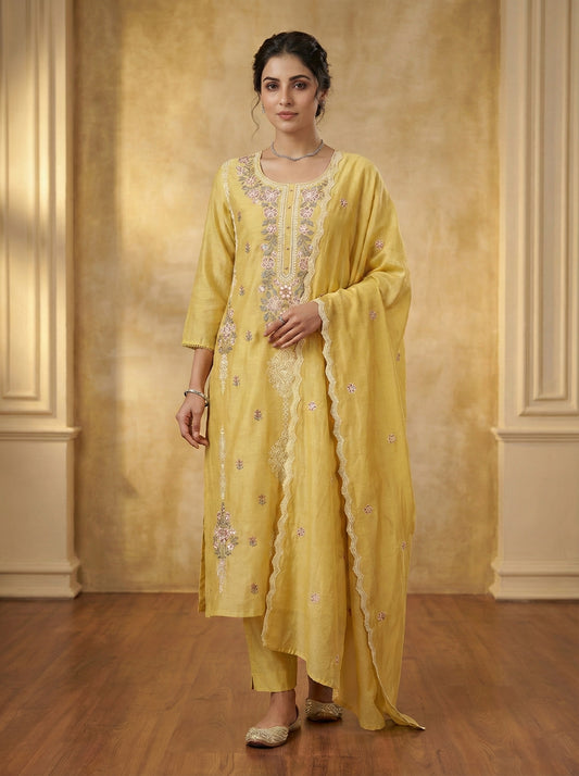 Women Ethnic Motifs Embroidered Regular Thread Work Kurta with Trousers & With Dupatta