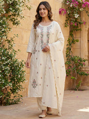 Floral Embroidered Thread Work Chanderi Cotton Kurta with Trousers & With Dupatta