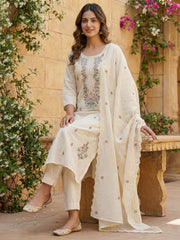 Floral Embroidered Thread Work Chanderi Cotton Kurta with Trousers & With Dupatta