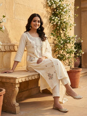 Floral Embroidered Thread Work Chanderi Cotton Kurta with Trousers & With Dupatta