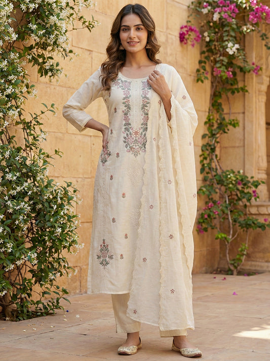 Floral Embroidered Thread Work Chanderi Cotton Kurta with Trousers & With Dupatta