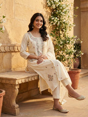 Floral Embroidered Thread Work Chanderi Cotton Kurta with Trousers & With Dupatta
