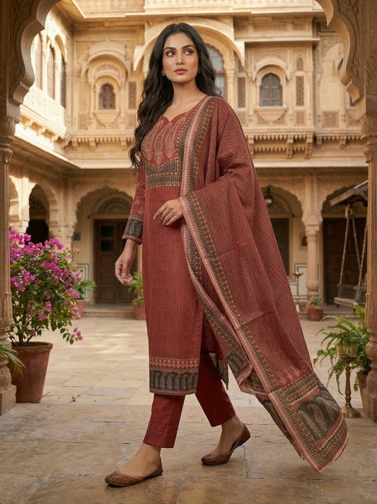Women Paisley Printed Regular Sequinned Linen Kurta with Trousers & With Dupatta