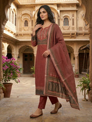 Women Paisley Printed Regular Sequinned Linen Kurta with Trousers & With Dupatta
