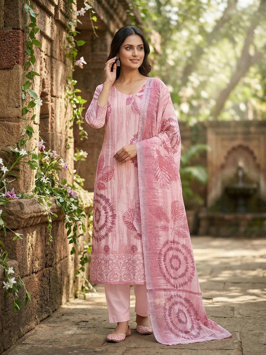 Women Floral Printed Regular Sequinned Linen Kurta with Trousers & With Dupatta