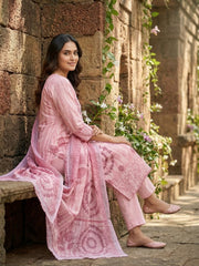 Women Floral Printed Regular Sequinned Linen Kurta with Trousers & With Dupatta