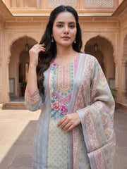 Women Floral Printed Regular Sequinned Linen Kurta with Trousers & With Dupatta