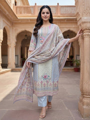 Women Floral Printed Regular Sequinned Linen Kurta with Trousers & With Dupatta