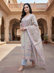 Women Floral Printed Regular Sequinned Linen Kurta with Trousers & With Dupatta