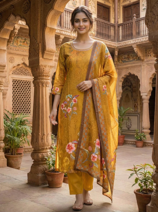 Women Floral Printed and Sequinned Embroidered Kurta & Trouser with Dupatta