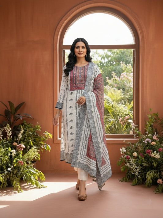 Women Ethnic Motifs Printed Regular Thread Work Pure Silk Kurta with Palazzos & With Dupatta