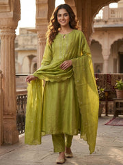 Women Ethnic Motifs Embroidered Regular Thread Work Chanderi Cotton Kurta with Trousers & With Dupatta