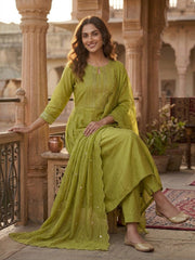 Women Ethnic Motifs Embroidered Regular Thread Work Chanderi Cotton Kurta with Trousers & With Dupatta