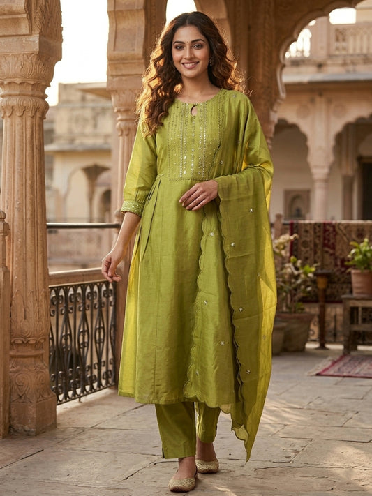Women Ethnic Motifs Embroidered Regular Thread Work Chanderi Cotton Kurta with Trousers & With Dupatta