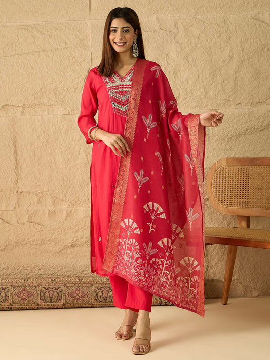 Women Ethnic Motifs Embroidered Regular Mirror Work Kurta with Trousers & With Dupatta