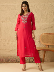 Women Ethnic Motifs Embroidered Angrakha Thread Work Chanderi Cotton Kurta with Trousers & With (Copy)