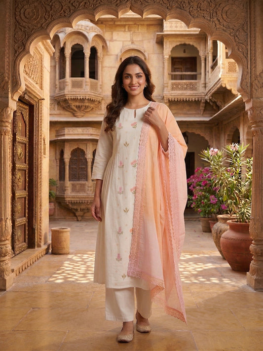 Women Floral Embroidered Pleated Thread Work Chanderi Cotton Kurta with Palazzos & With Dupatta
