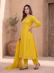 Women Ethnic Motifs Embroidered Regular Thread Work Chanderi Cotton Kurta with Trousers & With Dupatta