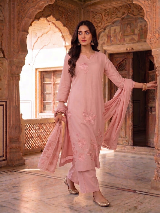Women Floral Embroidered Regular Thread Work Chanderi Cotton Kurta with Palazzos & With Dupatta