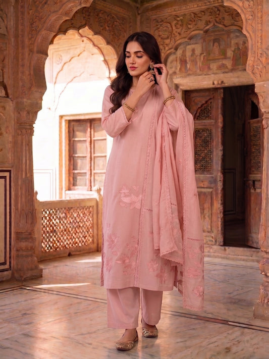 Women Floral Embroidered Regular Thread Work Chanderi Cotton Kurta with Palazzos & With Dupatta