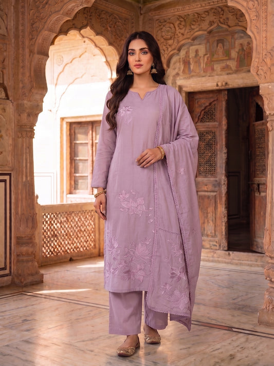 Women Floral Embroidered Regular Thread Work Chanderi Cotton Kurta with Palazzos & With Dupatta