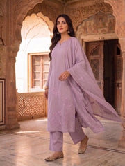 Women Floral Embroidered Regular Thread Work Chanderi Cotton Kurta with Palazzos & With Dupatta