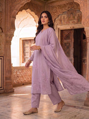 Women Floral Embroidered Regular Thread Work Chanderi Cotton Kurta with Palazzos & With Dupatta
