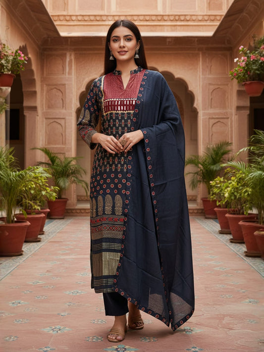 Women Ethnic Motifs Printed Regular Mirror Work Pure Silk Kurta with Trousers & With Dupatta