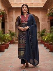 Women Ethnic Motifs Printed Regular Mirror Work Pure Silk Kurta with Trousers & With Dupatta