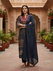 Women Ethnic Motifs Printed Regular Mirror Work Pure Silk Kurta with Trousers & With Dupatta