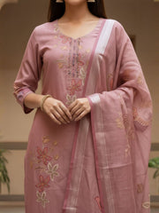 Women Floral Embroidered Regular Thread Work Linen Kurta with Trousers & With Dupatta