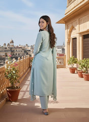Women Ethnic Motifs Embroidered Regular Chikankari Chanderi Cotton Kurta with Trousers & With Dupatta