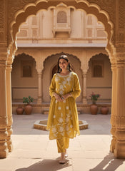 Women Ethnic Motifs Embroidered Regular Thread Work Chanderi Cotton Kurta with Trousers & With Dupatta