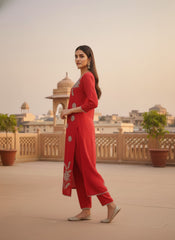 Women Ethnic Motifs Embroidered Regular Thread Work Chanderi Cotton Kurta with Trousers & With Dupatta