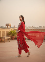 Women Ethnic Motifs Embroidered Regular Thread Work Chanderi Cotton Kurta with Trousers & With Dupatta