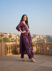 Women Ethnic Motifs Embroidered Regular Thread Work Chanderi Cotton Kurta with Trousers & With Dupatta