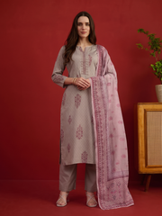 Women Ethnic Printed Regular Chanderi Cotton Kurta with Trousers With Dupatta